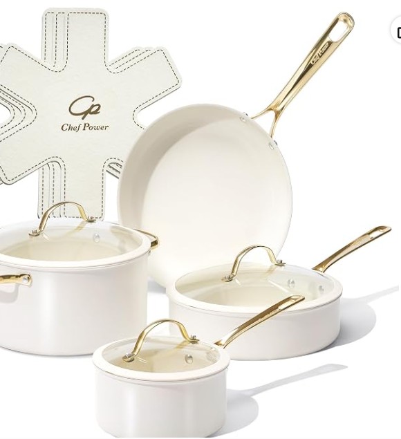 Chef Power 10-Piece Ceramic Non-Stick Cookware Set, Cream White & Gold