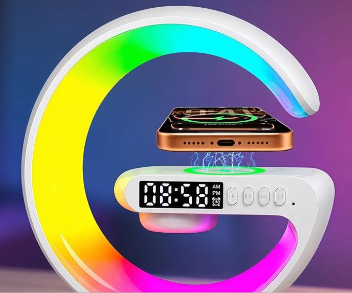 Alnik 5-in-1 Smart G Lamp – RGB Night Light, Alarm Clock, Wireless Charger & Bluetooth Speaker