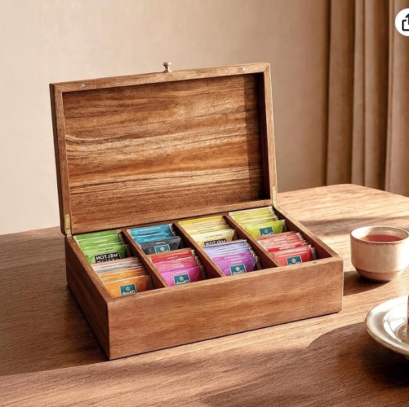 SARUFO Acacia Wood Tea Box – 8 Compartments