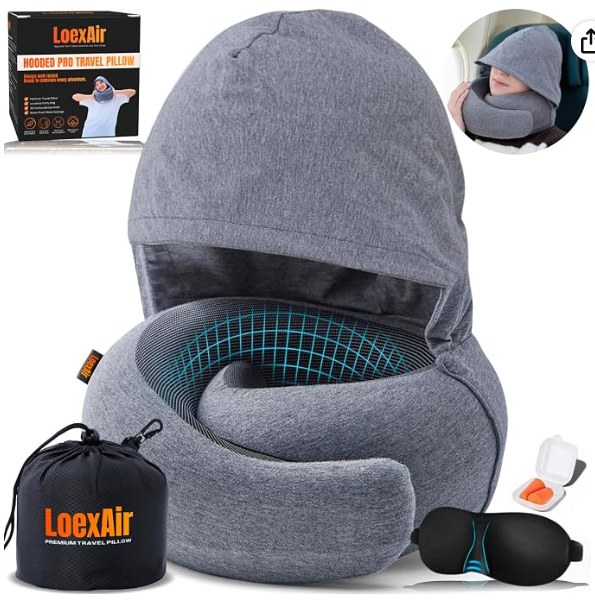LOEXAIR Hooded Memory Foam Travel Pillow Kit